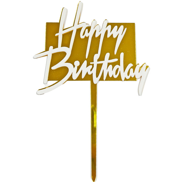 Square White Happy Birthday Topper - Acrylic Gold