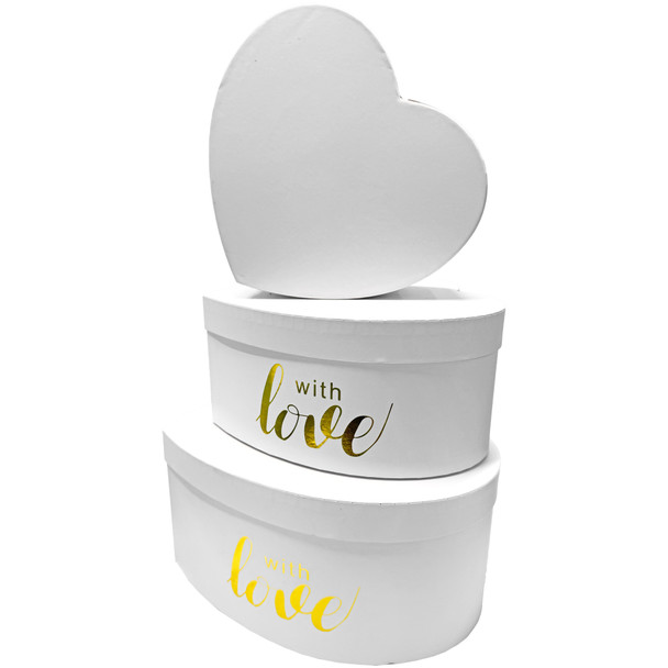 12” With Love Floral Heart Boxes - Set of 3 - White