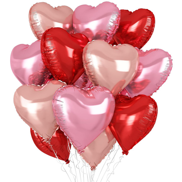 18" Glossy Red, Pink, Rose Gold Heart Mylar Foil Balloon - 10 Pieces