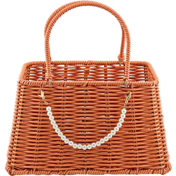 9" Decorative Woven Basket Purse  with Pearl Handle