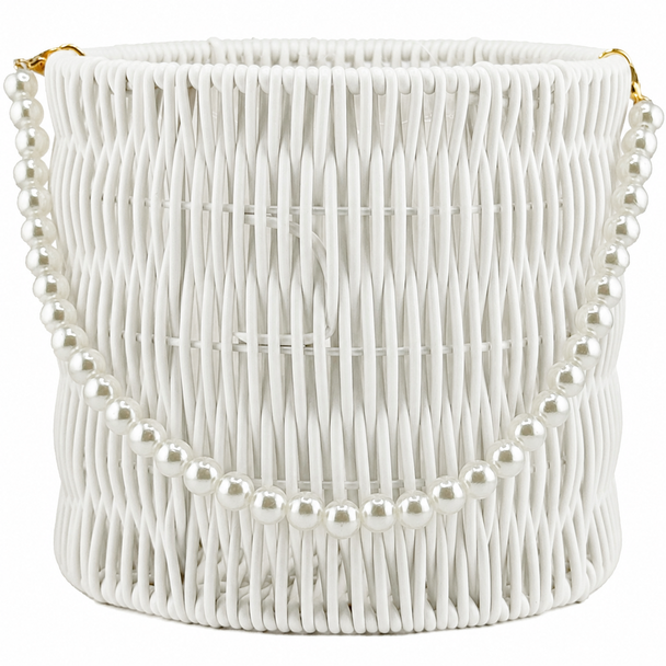 6.5" Decorative Woven Basket with Pearl Handle - White