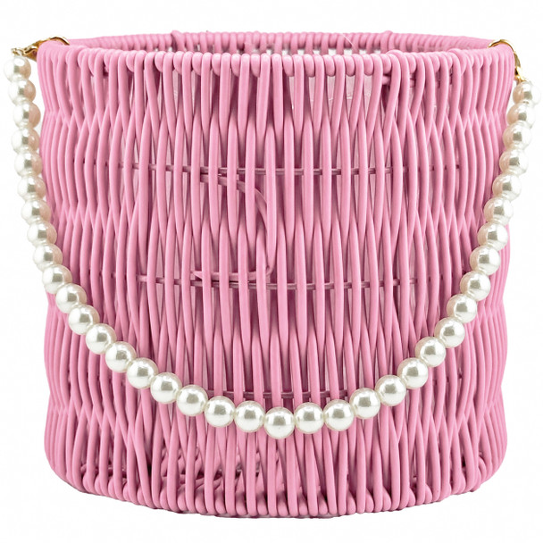 6.5" Decorative Woven Basket with Pearl Handle - Pink