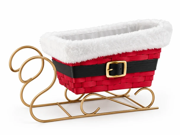 9" Santa Sleigh Floral Basket with Hard Plastic Liner – Red, White & Gold