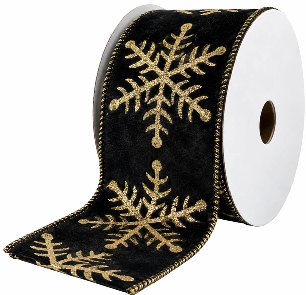 3.5" x 10 Yards Black Velvet Christmas Ribbon with Gold Snowflakes – Wired Edge
