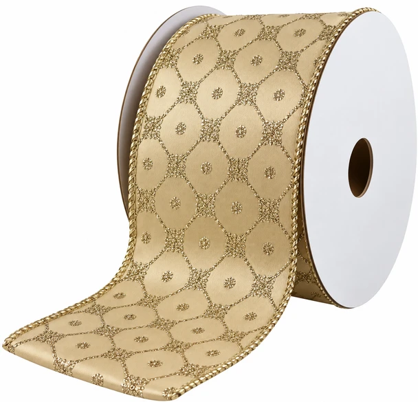 2.5" x 10 Yards Champagne Gold Christmas Ribbon with Metallic Gold Geometric Lattice – Wired Edge