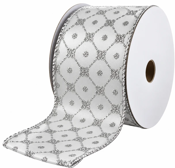 2.5" x 10 Yards White Christmas Ribbon with Silver Geometric Lattice – Wired Edge