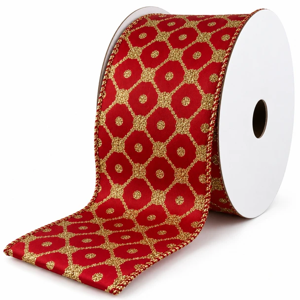 2.5" x 10 Yards Red Christmas Ribbon with Gold Geometric Lattice – Wired Edge