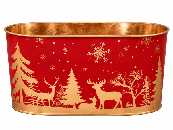 9" Red & Gold Christmas Deer Metal Floral Tin