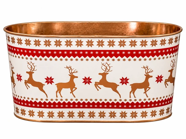 9" White, Red & Gold Reindeer Christmas Metal Floral Tin