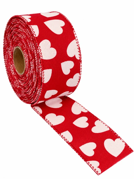 2.5" x 25 Yards Red Valentine Heart Ribbon – Burlap-Style Woven Wired Edge