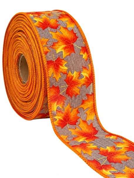 2.5" x 25 Yards Fall Maple Leaf Burlap-Style Wired Ribbon – Orange & Natural