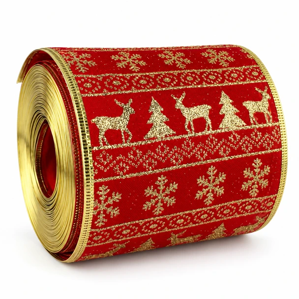 4.5" x 25 Yards Red & Gold Christmas Reindeer Ribbon – Wired Edge