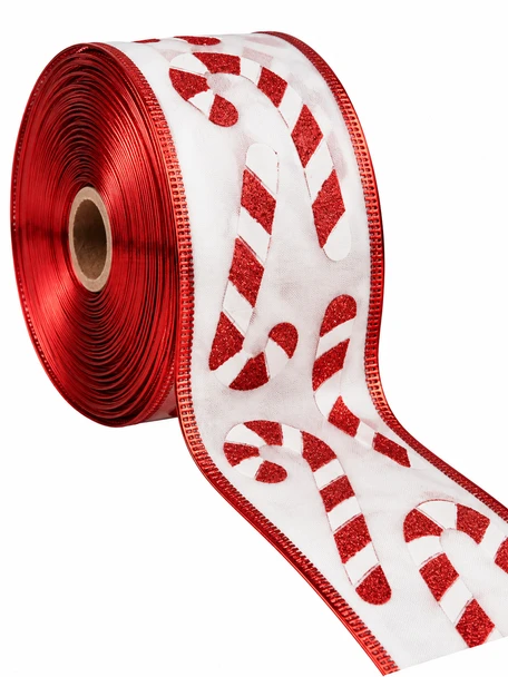2.5" x 25 Yards White Christmas Candy Cane Ribbon with Red Glitter – Wired Edge