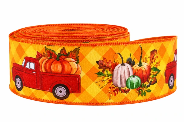 2.5" x 25 Yards Fall Pumpkin & Red Truck Burlap-Style Wired Ribbon