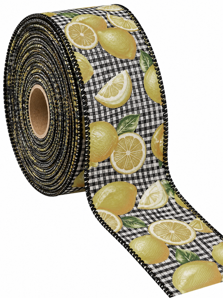 2" x 25 Yards Lemon & Gingham Wired Ribbon – Black, White & Yellow