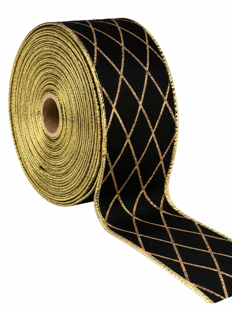 2.5" x 25 Yards Black Velvet Christmas Ribbon with Gold Lattice – Wired Edge