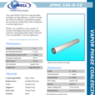 (Box of 4) Coalescing Filter, Jonell, 5.5" x 36", 0.3 Micron, 15 psid, Depth Fiberglass, In to Out , Tinned Steel, Buna Gasket, Closed End w/ bolt hole, 275*F, P/N: JPMG-536-R-CE 
