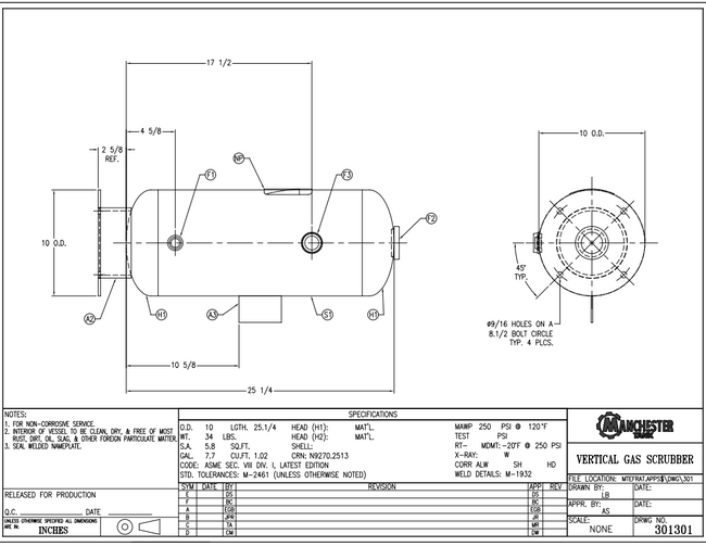 Fuel Pot, 10" OD x 28" OAL, 250 PSI, Manchester Tank 301301