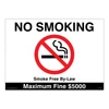 Plastic No Smoking sign with $5000 fine warning under smoke-free by-law.