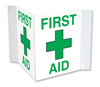 3D First Aid Plastic Sign with V-shaped flush side panels for clear visibility of first aid locations from multiple directions.