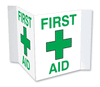 3D First Aid Plastic Sign with V-shaped flush side panels for clear visibility of first aid locations from multiple directions.