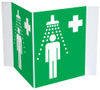 3D Shower Plastic Sign with V-shaped design for marking emergency shower locations from multiple angles.
