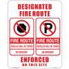 Designated Fire Route Sign (FR9) effectively designates fire routes and warns of towing for non-compliance.