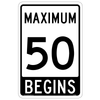 The Regulatory Maximum Speed Begins Sign RB-2 marks speed zone beginnings for informed