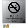 No Smoking Room Signs in gold or silver aluminum finishes.