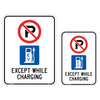 No parking sign for electric vehicle charging stations. The upper part features a red circle with a slash through a black 'P