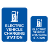 Sign designating an electric vehicle charging station. The sign is blue with a white EV charger icon and the text 'ELECTRIC VEHICLE CHARGING STATION