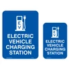 Sign designating an electric vehicle charging station. The sign is blue with a white EV charger icon and the text 'ELECTRIC VEHICLE CHARGING STATION