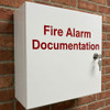 White Fire Alarm Documentation Box with red lettering and cam lock for on-site fire alarm record storage