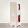 White all-weather fire extinguisher cabinet with fire extinguisher symbol and red hammer