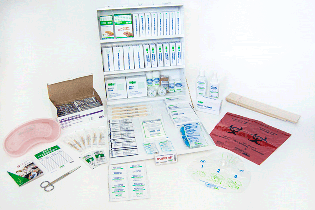 Deluxe 16–199 People First Aid Kit with metal cabinet – Ontario Regulation Section 10 compliant workplace first aid station.
