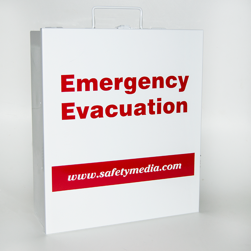 White metal Emergency Evacuation Box featuring a top handle