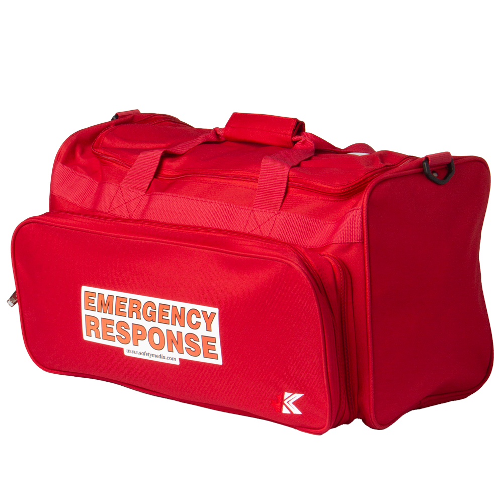 Large red Emergency Response Bag with high-visibility Emergency Response wording on both sides and shoulder strap