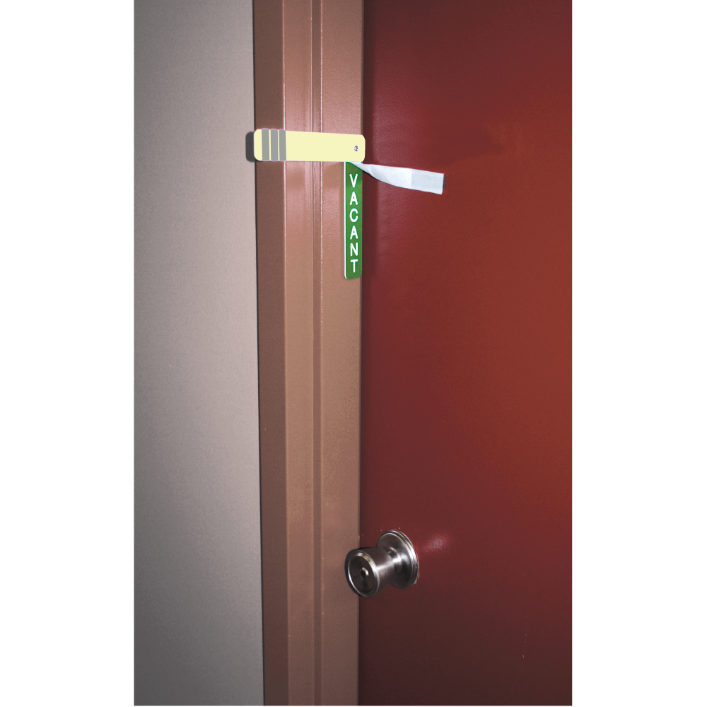 Glow-in-the-dark “Clear Out” evacuation door marker with reflective flip bar and vacant safety seal