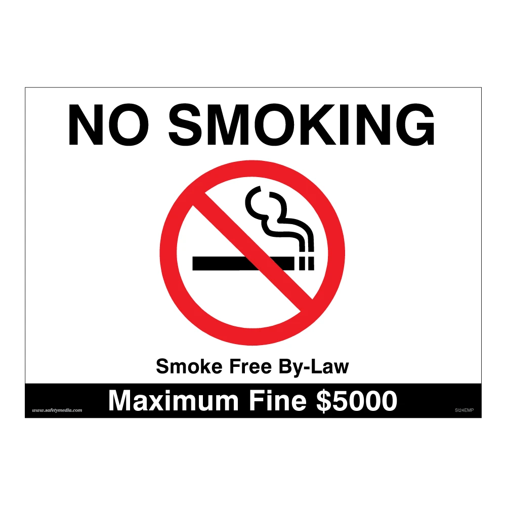 Plastic No Smoking sign with $5000 fine warning under smoke-free by-law.