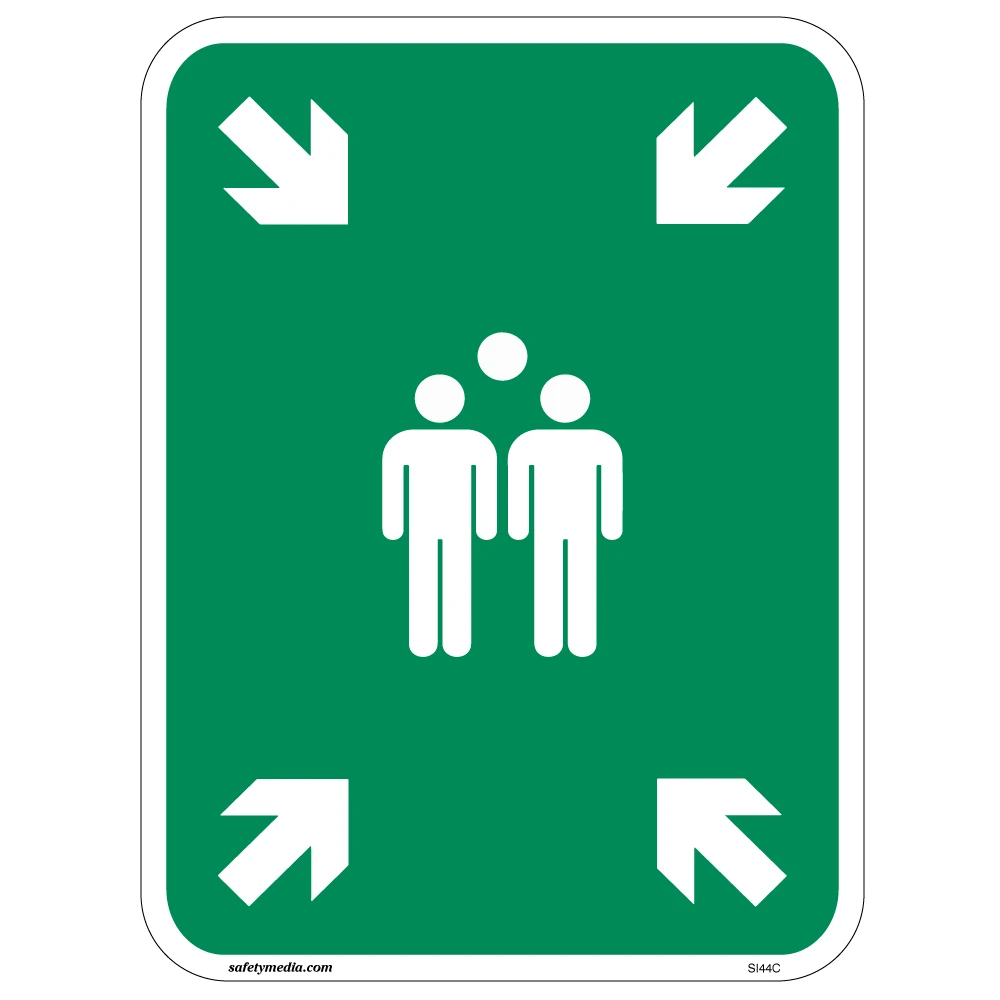 Green aluminum Muster Point sign indicating emergency gathering zone