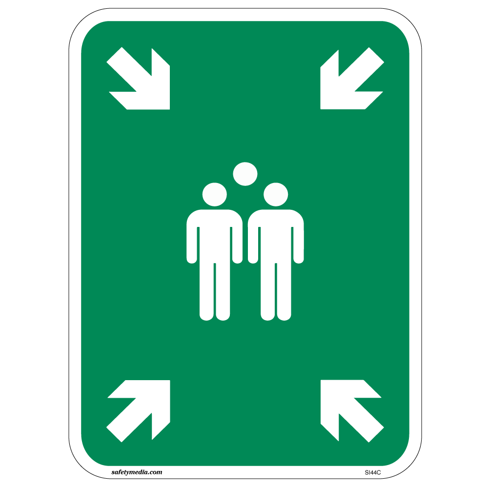 Green aluminum Muster Point sign indicating emergency gathering zone