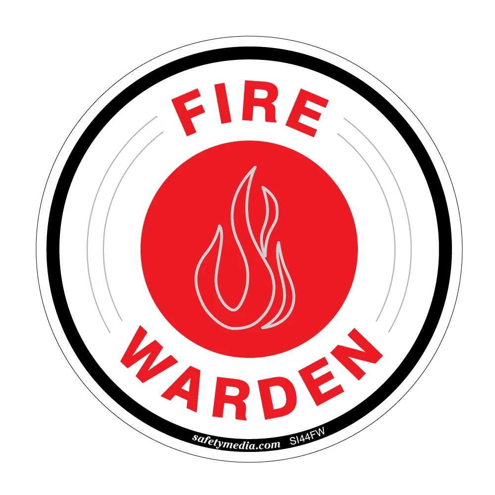 Circular red and white Fire Warden vinyl sticker for easy identification