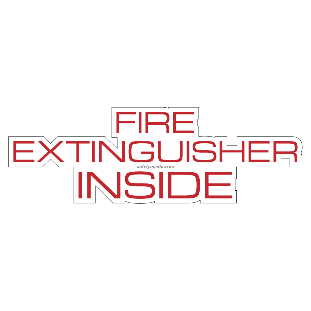 Fire safety clear sticker marking extinguisher location inside cabinet