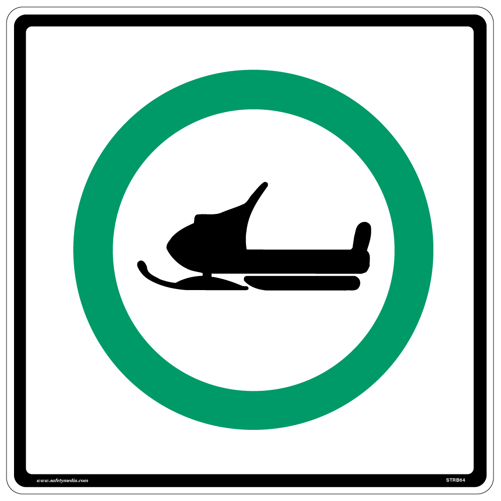 Regulatory Snowmobile Route Sign RB-64 designates routes where snowmobiles are allowed.