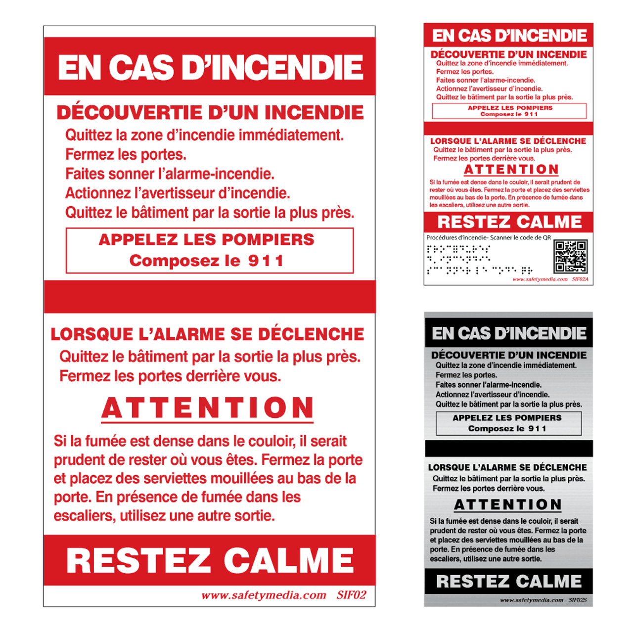 French In Case of Fire Single Stage No Elevator Extended Caution Signs