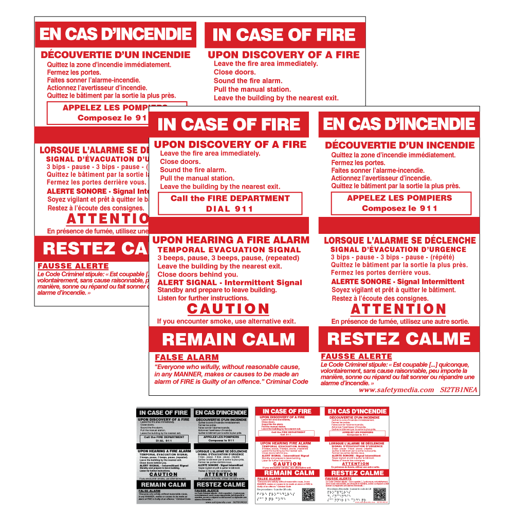 Bilingual In Case of Fire Temporal 2-Stage No Elevator False Alarm Sign with English and French instructions