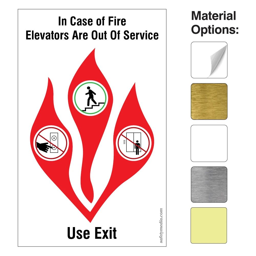 In Case of Fire Elevators Out of Service – Use Exit Sign with flame graphic and evacuation pictograms