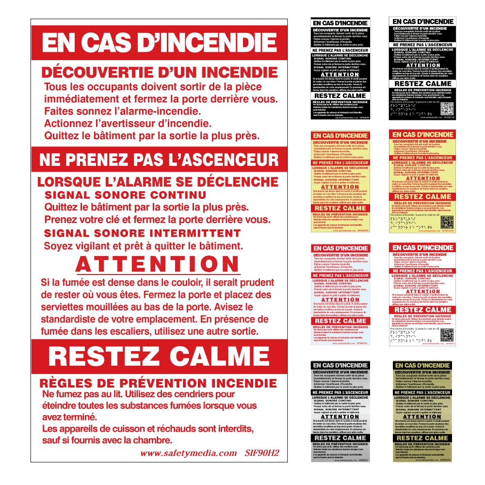 French In Case of Fire Two Stage Hotel Alarm Sign with elevator warning