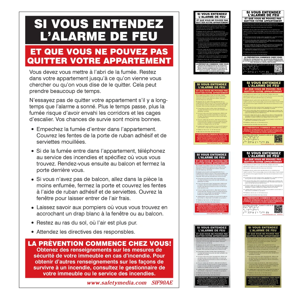 French In Case of Fire Defend In Place Hotel Alarm Sign with suite fire emergency instructions