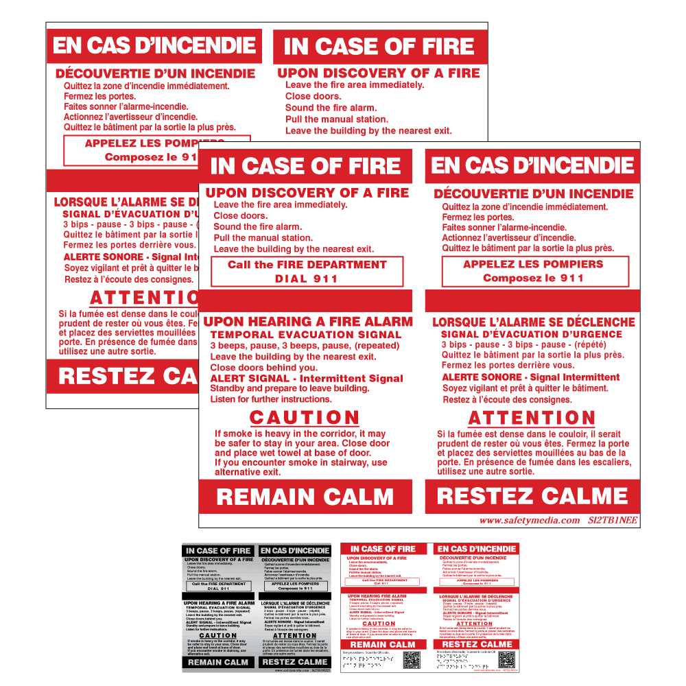 Bilingual In Case of Fire Temporal 2-Stage No Elevator Extended Caution Sign with English and French instructions